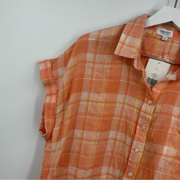 True Craft Orange Plaid Cropped Button Shirt Size Large Linen Blend - Picture 4 of 9